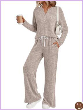 Women's 2 Piece Lounge Set Henley Sweatsuit with Pockets Brushed Fleece